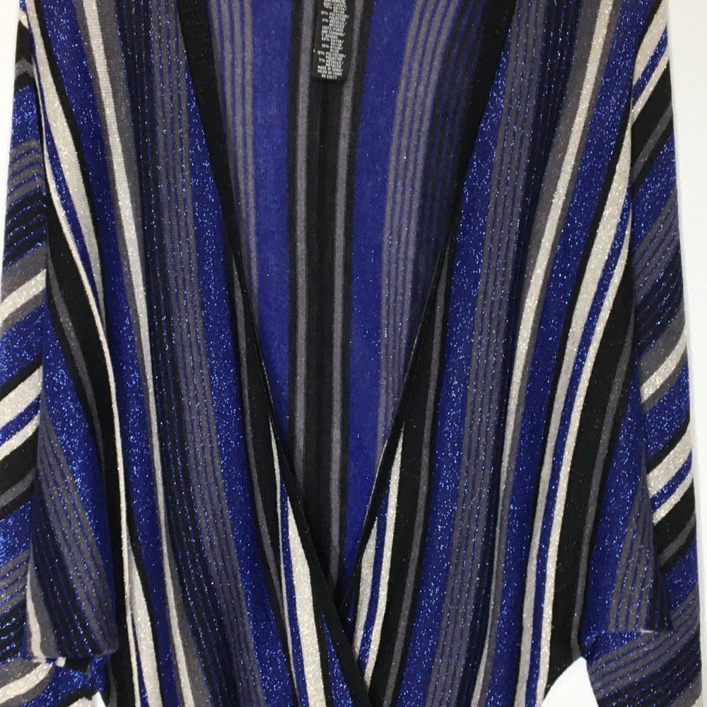 Vintage 90's Black Blue Silver Batwing Cross Over Sweater, Plunging V, Disco - L - Picture 8 of 10